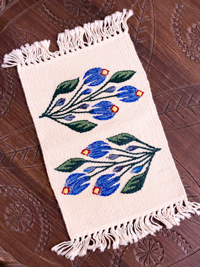 Traditional Handwoven Small Rug from Tismana - 35x20 cm - Blue Wild Flowers