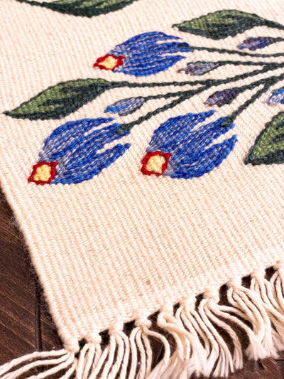 Carpetă Tradițională din Tismana Țesută Manual - 35x20 cm - Motiv Flori Albastre