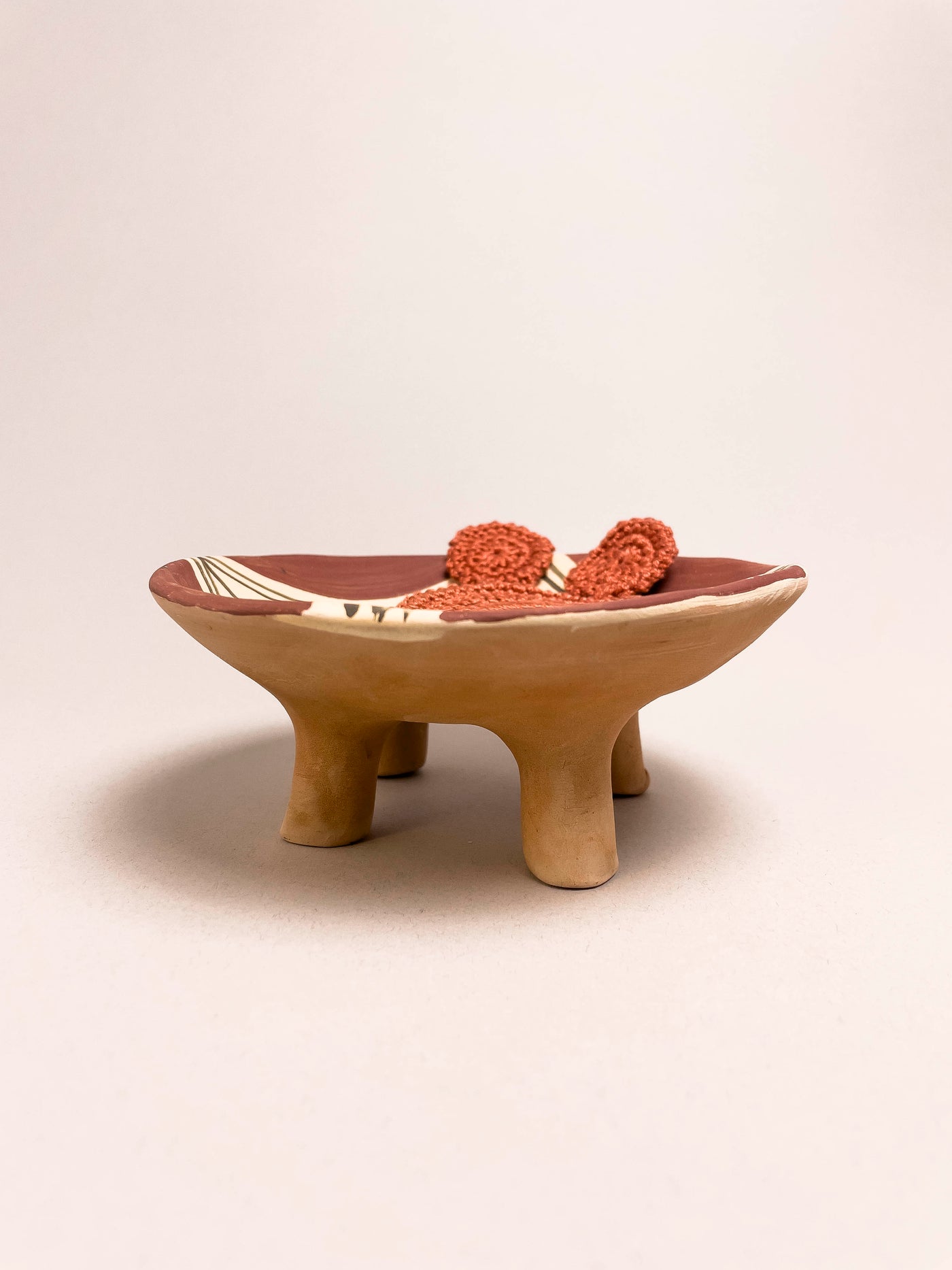 Decorative Round Altar Ceramic Bowl with Feet - Brown with Bird Motif