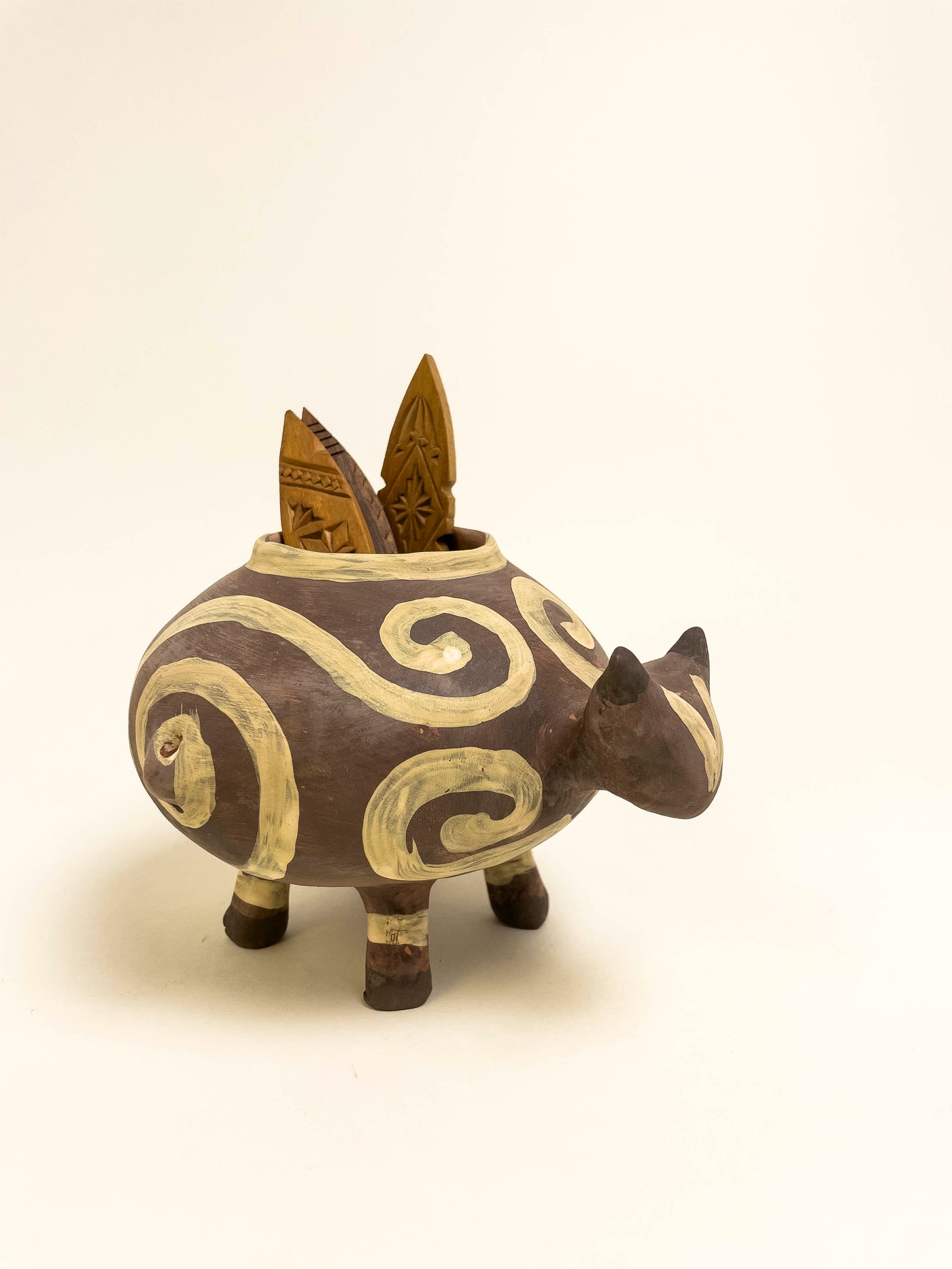 Decorative Ceramic Bowl in the Shape of a Cow - Brown with Spiral Pattern