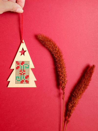 Hand-Stitched Christmas Tree Ornament - Floral Motif