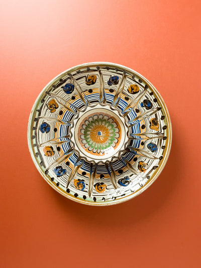 castron-10cm-ceramica-horezu-stefanescu-floare-concentrica-albastru-mijloc-caramiziu-verde-maro-2